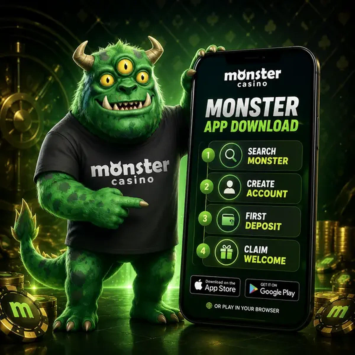 MonsterMo energetically gesturing toward smartphone displaying Monster App Download interface