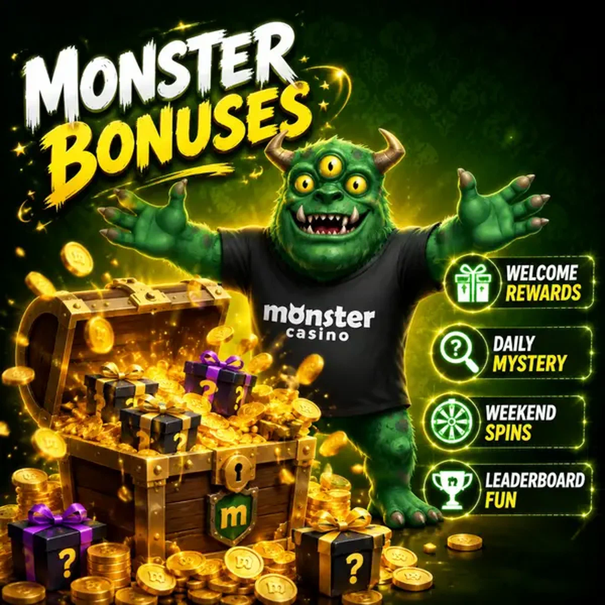 MonsterMo celebrating with bonus treasure chest overflowing at Monster Casino