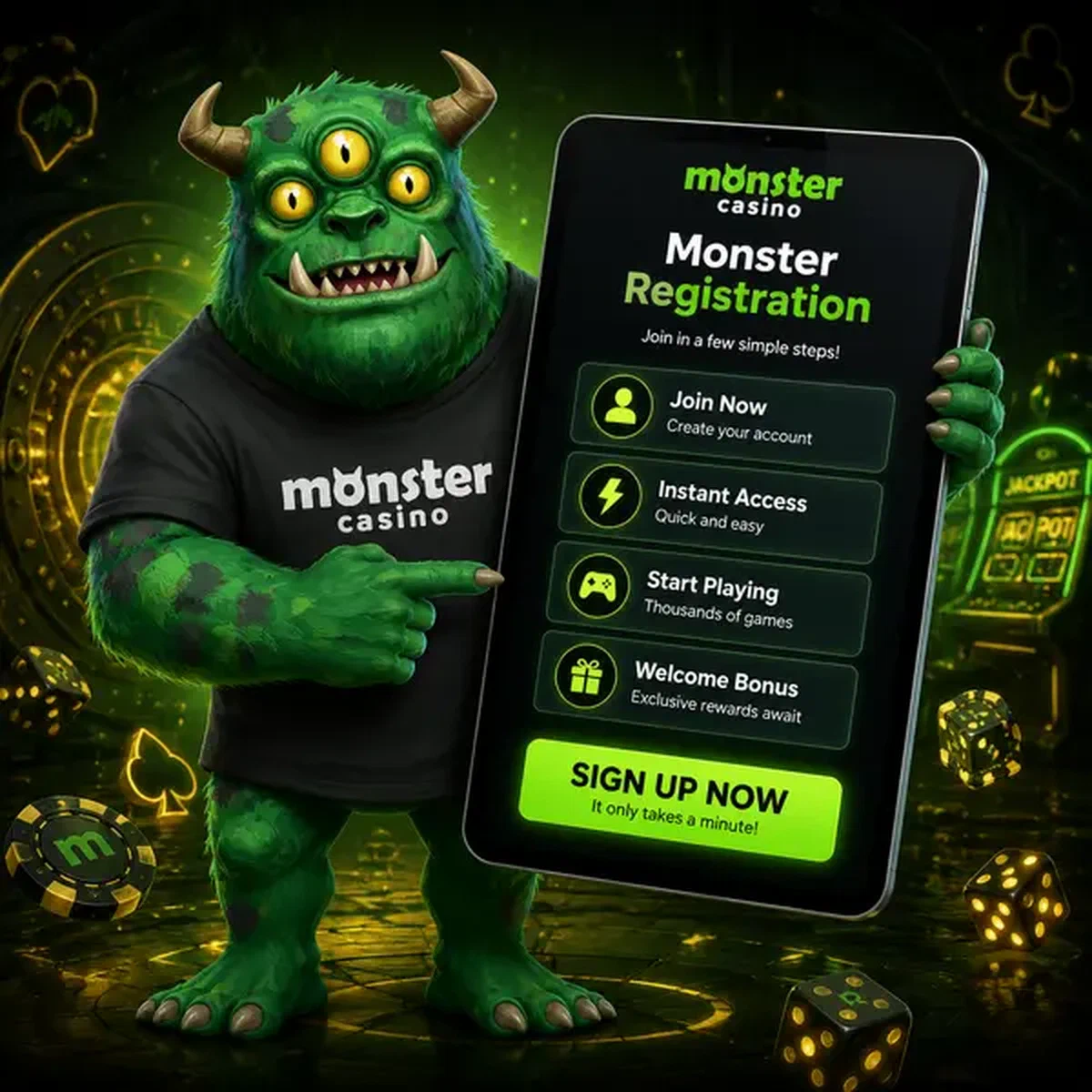 MonsterMo energetically guides new players through Monster Casino registration on glowing tablet
