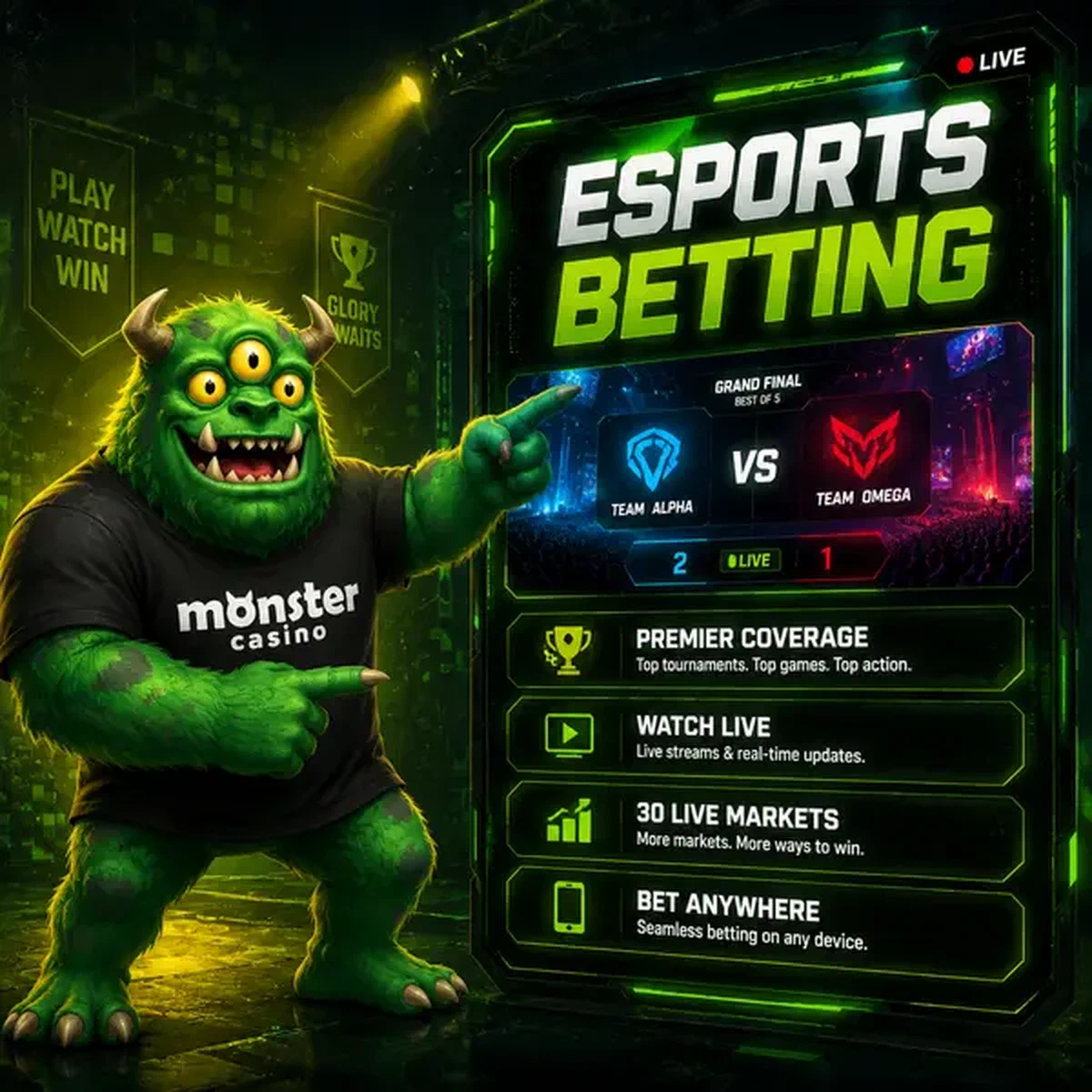 MonsterMo focused on esports betting action at Monster Esports digital arena screen