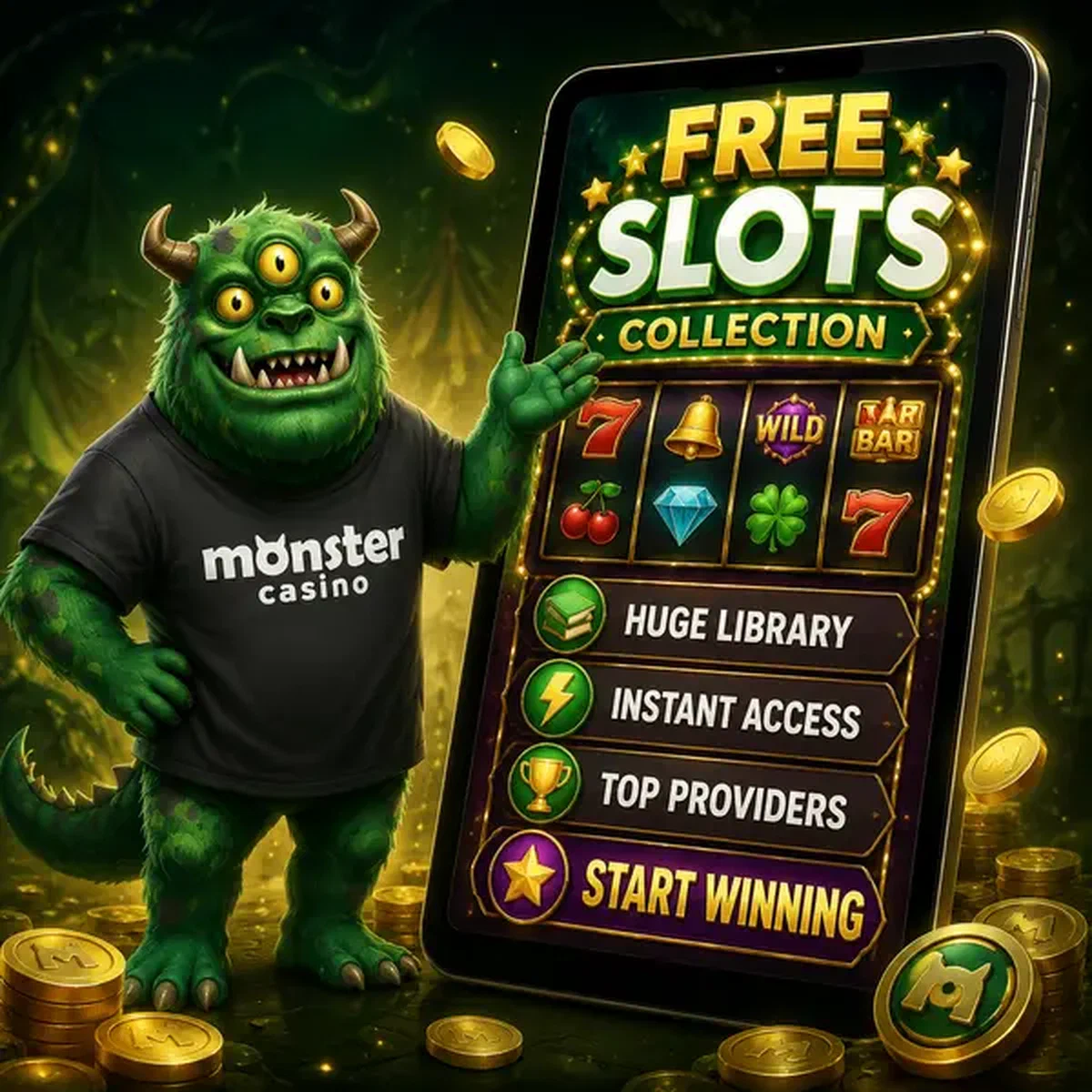 MonsterMo presents free slots collection on glowing tablet at Monster Free Slots Collection