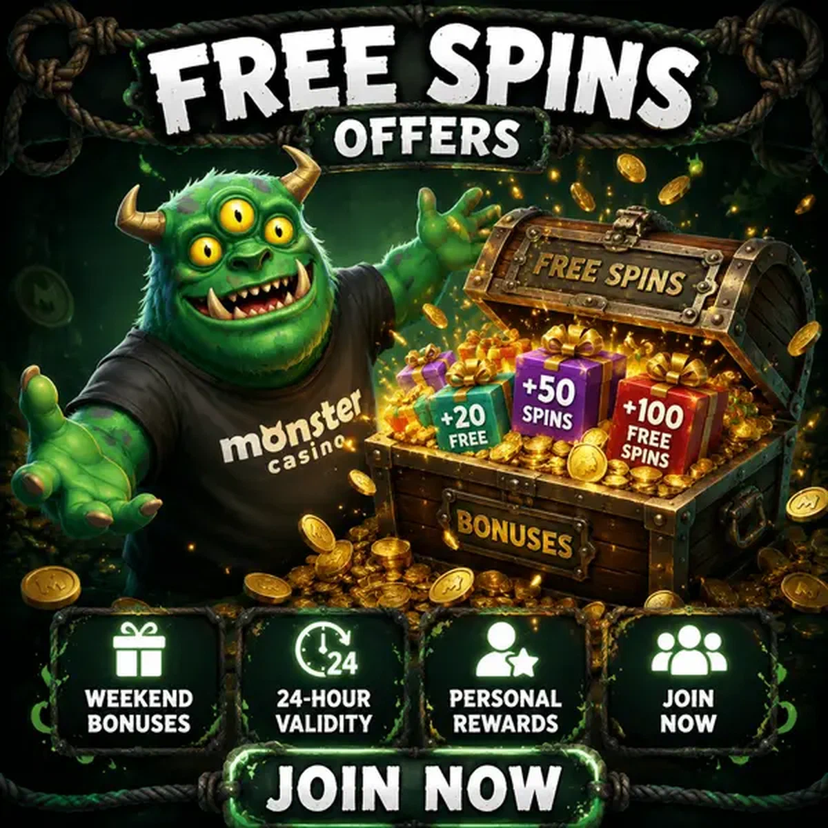 MonsterMo opening treasure chest overflowing with free spins at Monster Casino