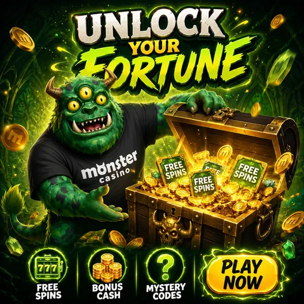 MonsterMo opens treasure chest revealing promo codes at glowing casino portal
