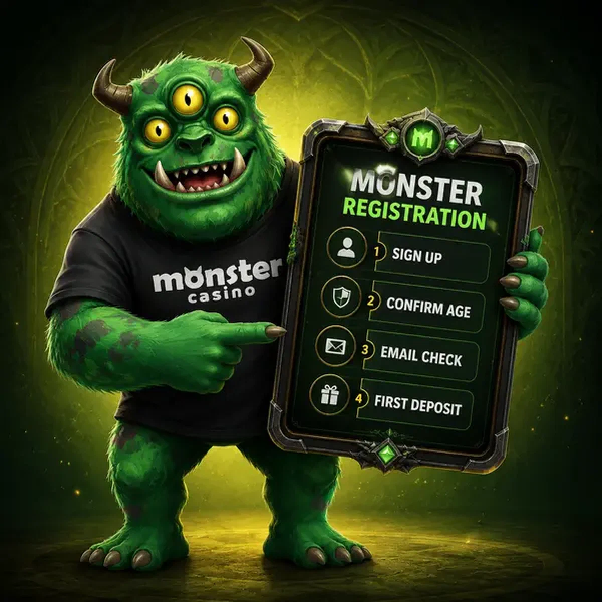MonsterMo holding tablet showing Monster Registration signup steps in vibrant green setting