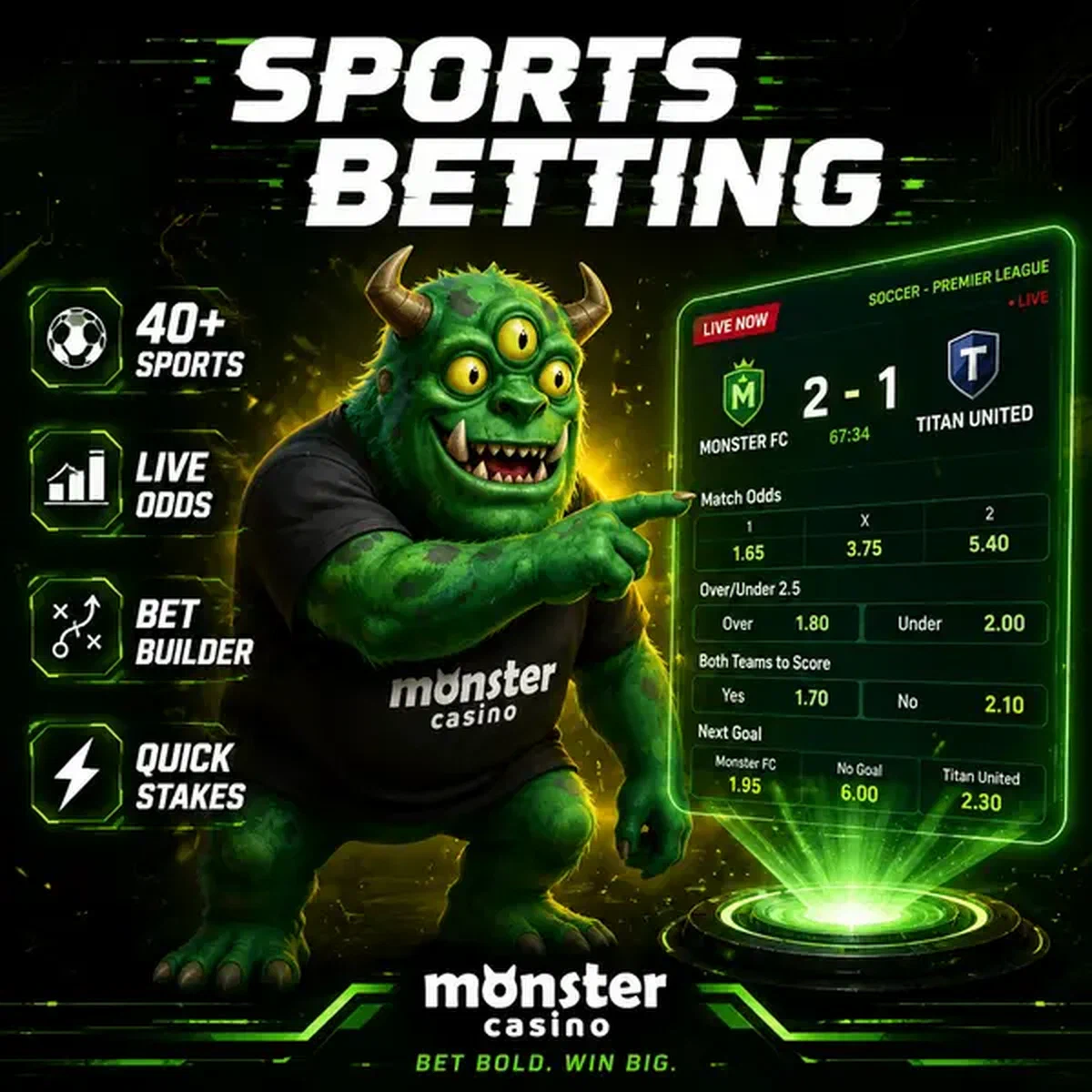 MonsterMo pointing at live sports betting odds hologram at Monster display