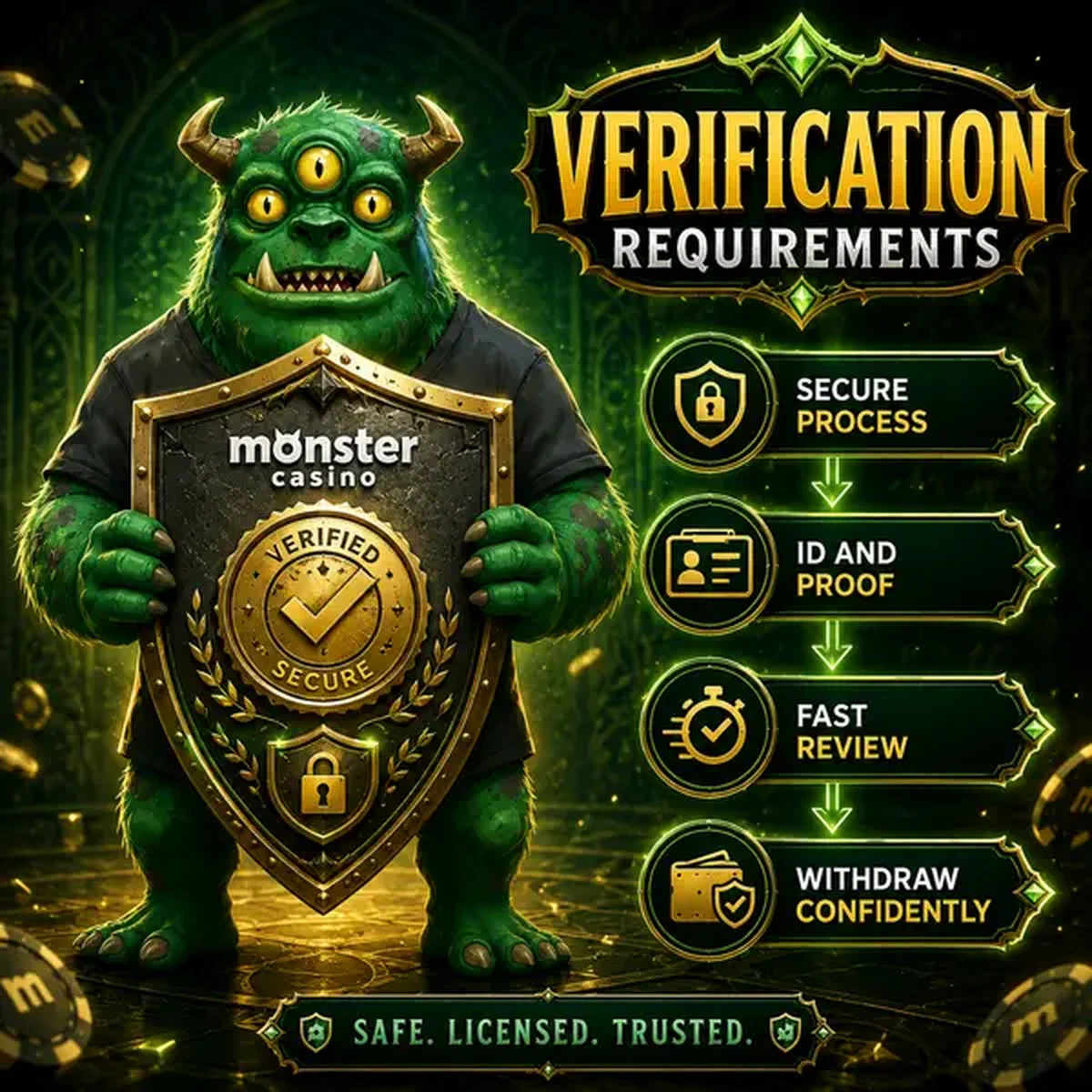 MonsterMo proudly holding verification shield at Monster Casino, ready to verify player identity