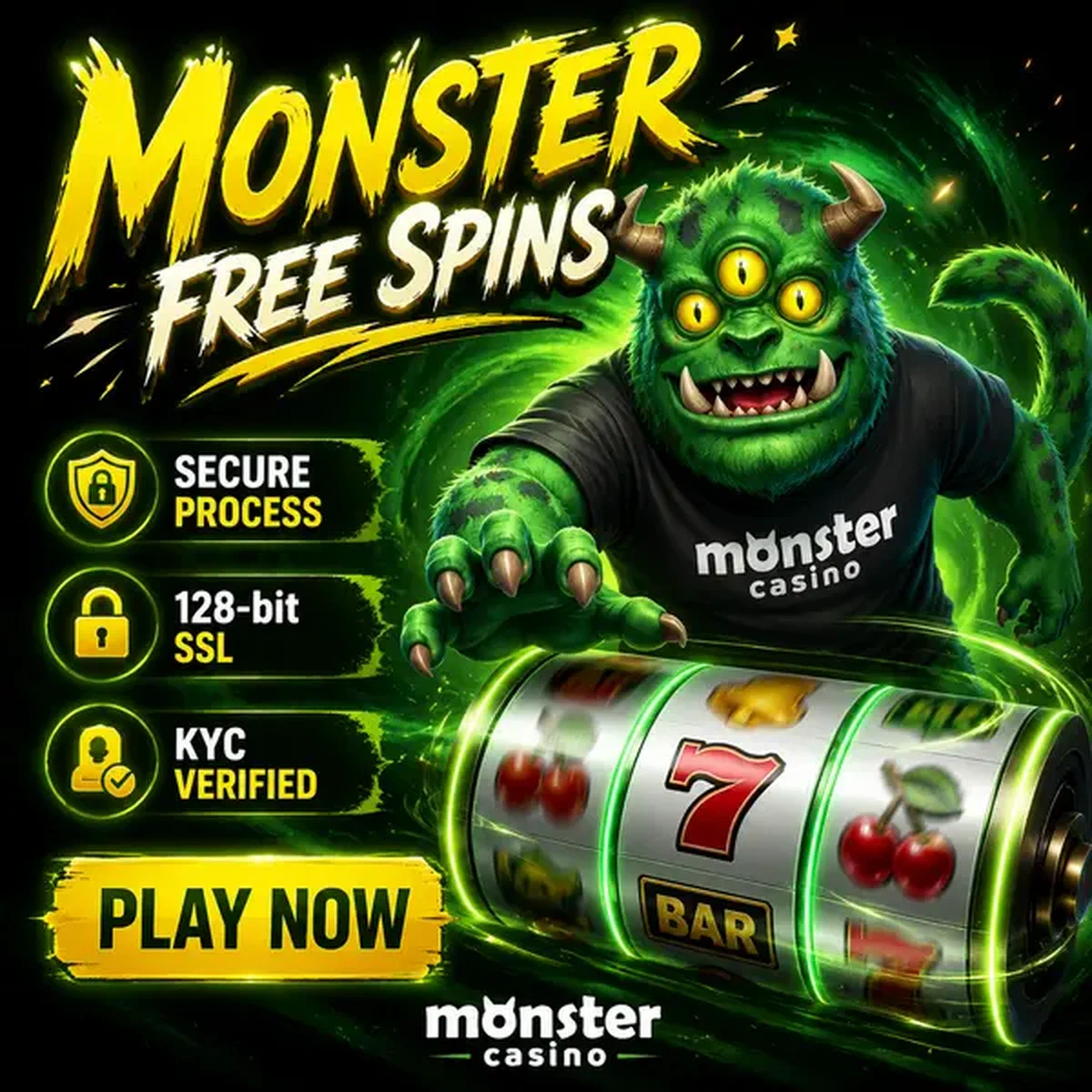 MonsterMo reaching for spinning free spins at Monster Casino reel display