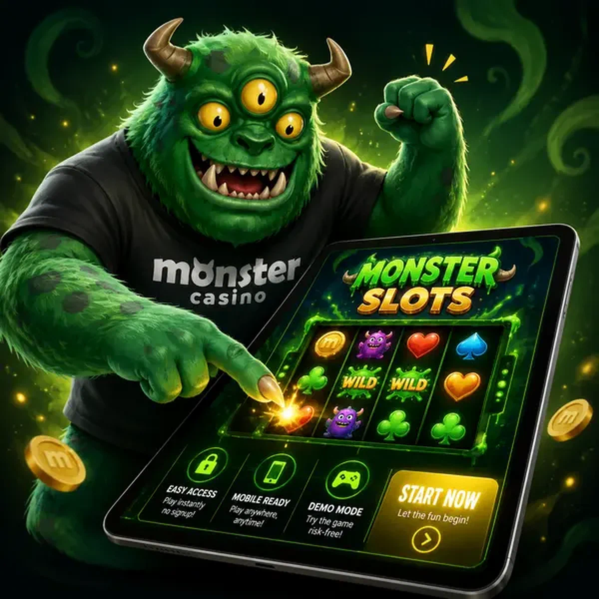 MonsterMo energetically playing slot games on tablet at Monster Slots interface