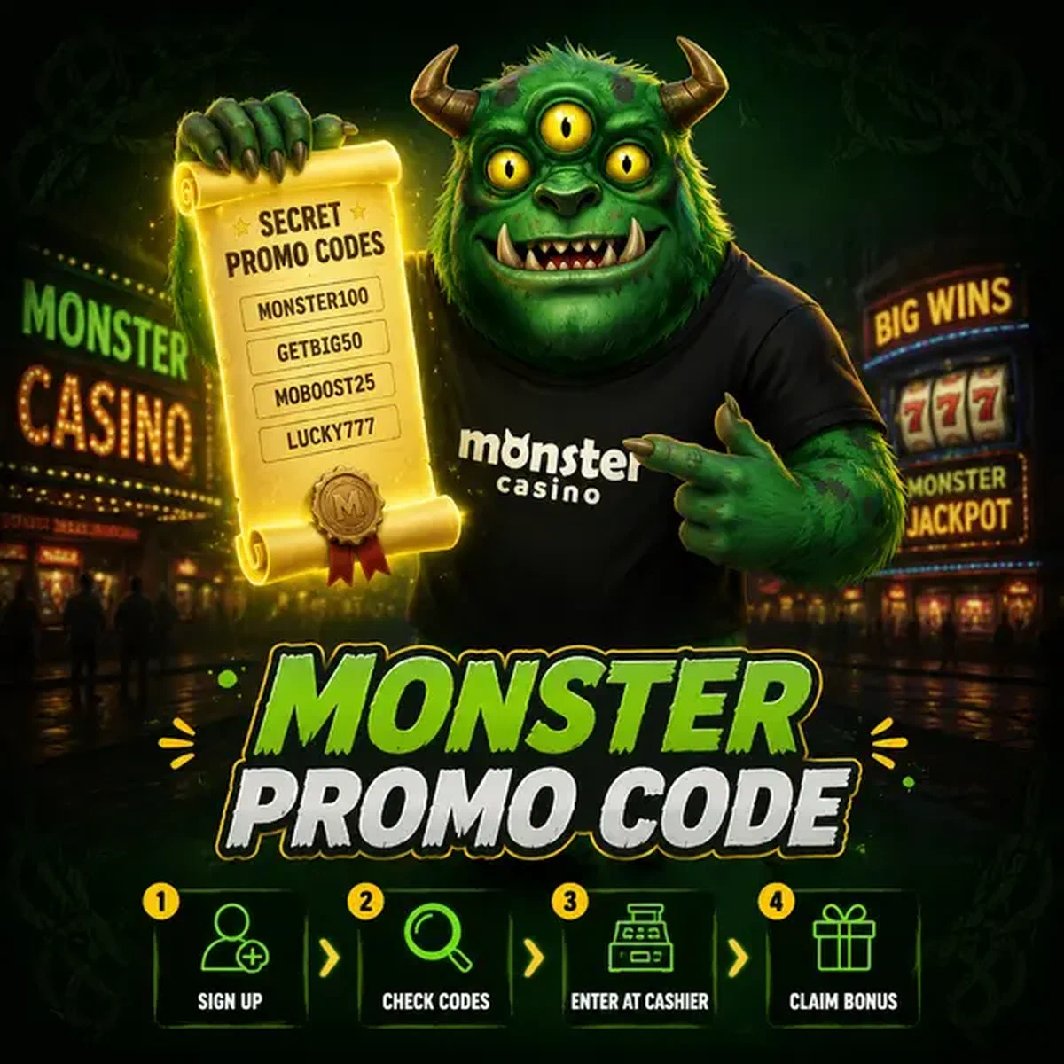 MonsterMo reveals glowing promo code scroll at Monster Casino under neon lights