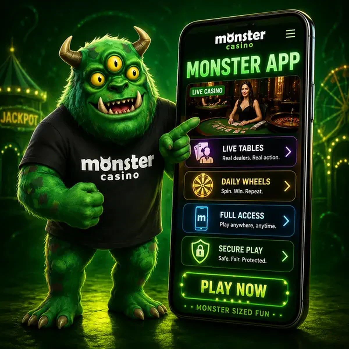 MonsterMo pointing excitedly at Monster App mobile interface with live casino games