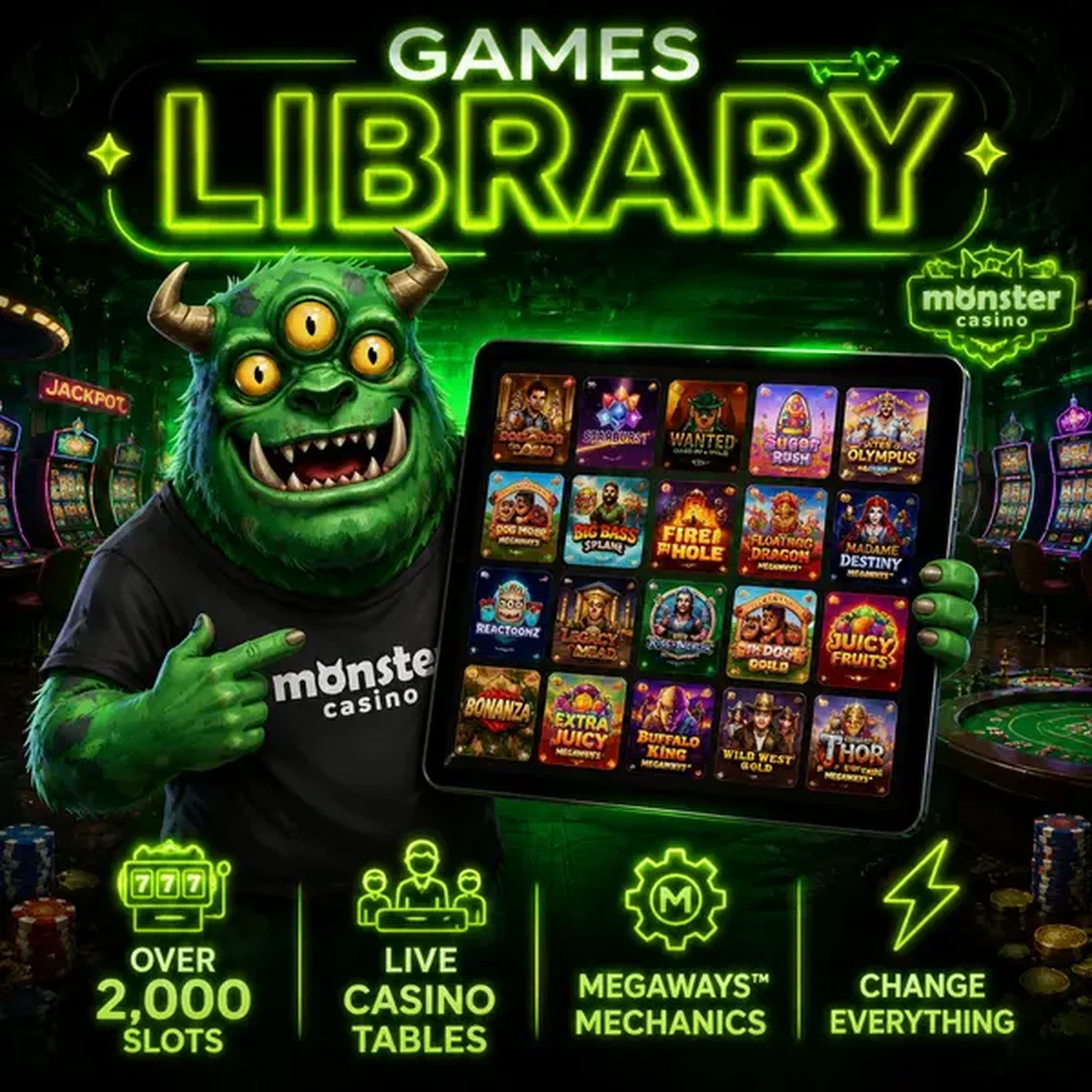 MonsterMo showcasing massive slots collection on tablet at Monster Casino Games Library