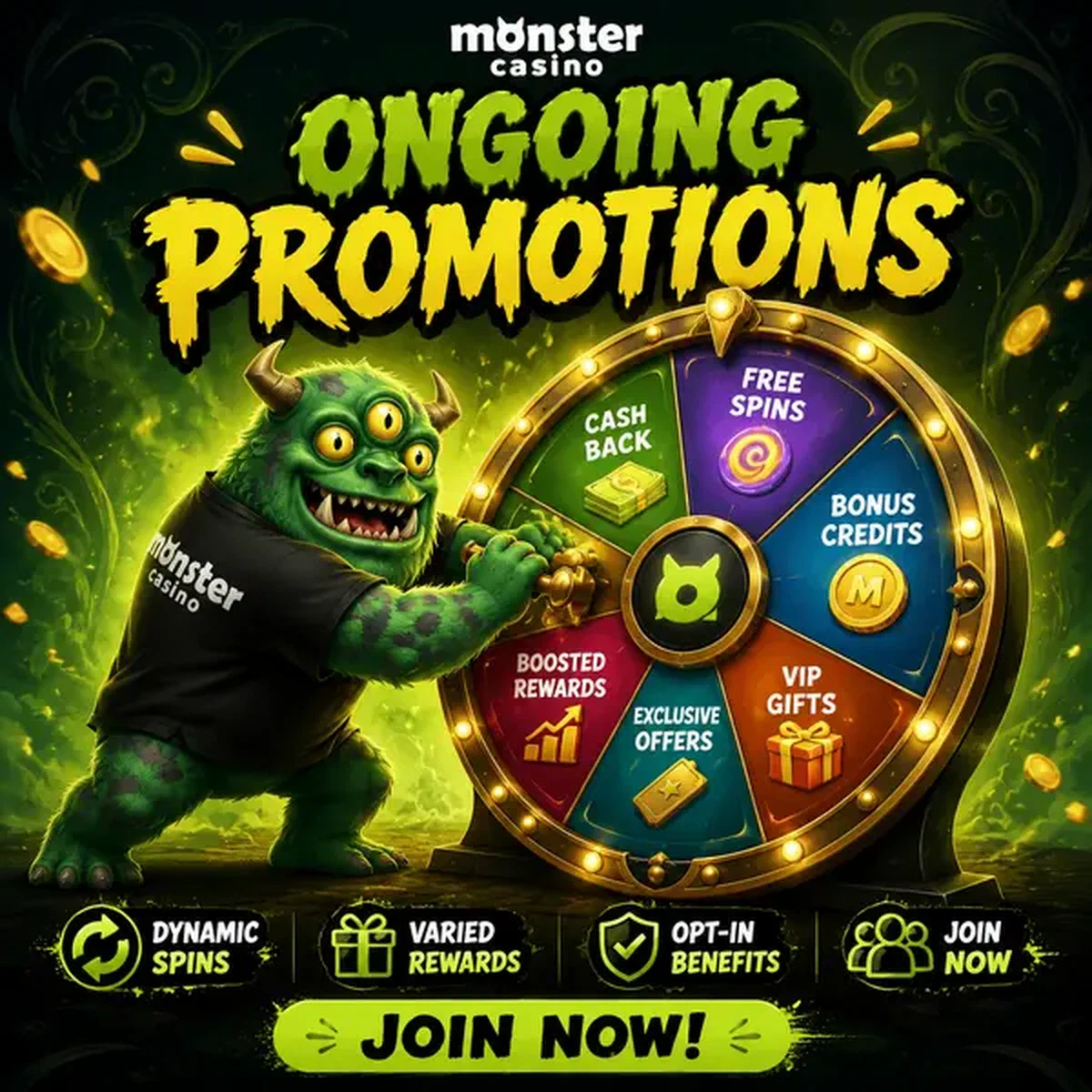 MonsterMo spins giant prize wheel showcasing Monster Casino ongoing promotions and rewards