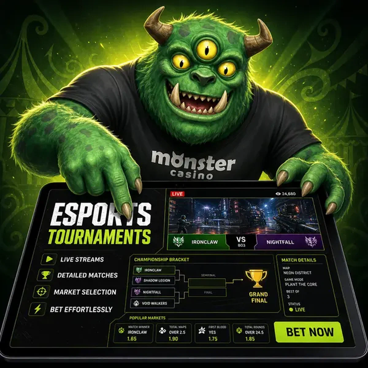 MonsterMo eagerly navigating esports tournaments on gaming tablet at Monster Esports Tournaments