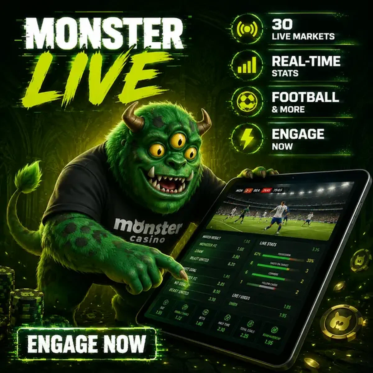 MonsterMo eagerly placing sports bets at Monster Live Betting with live odds glowing