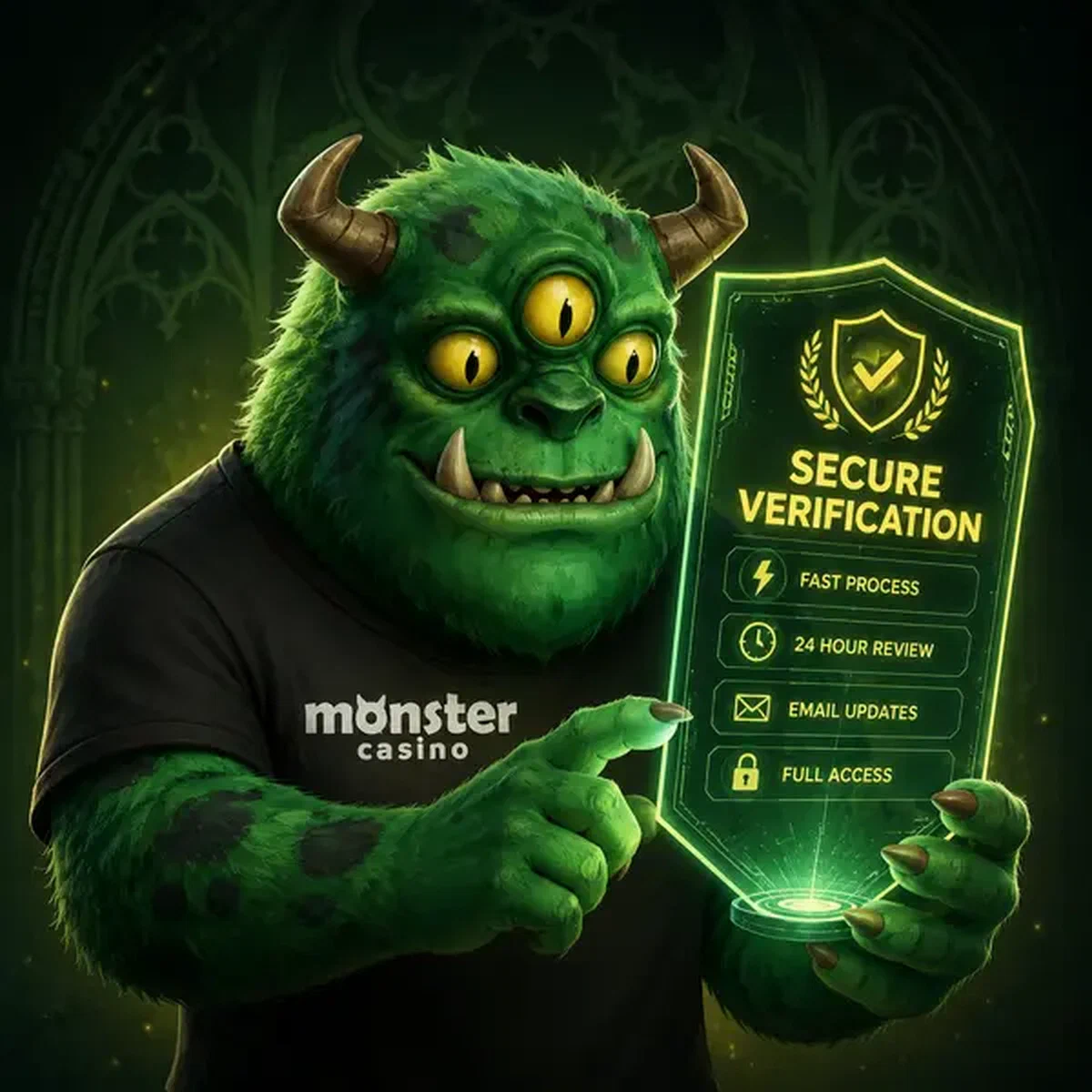 MonsterMo verifying identity with holographic security badge at Monster Casino