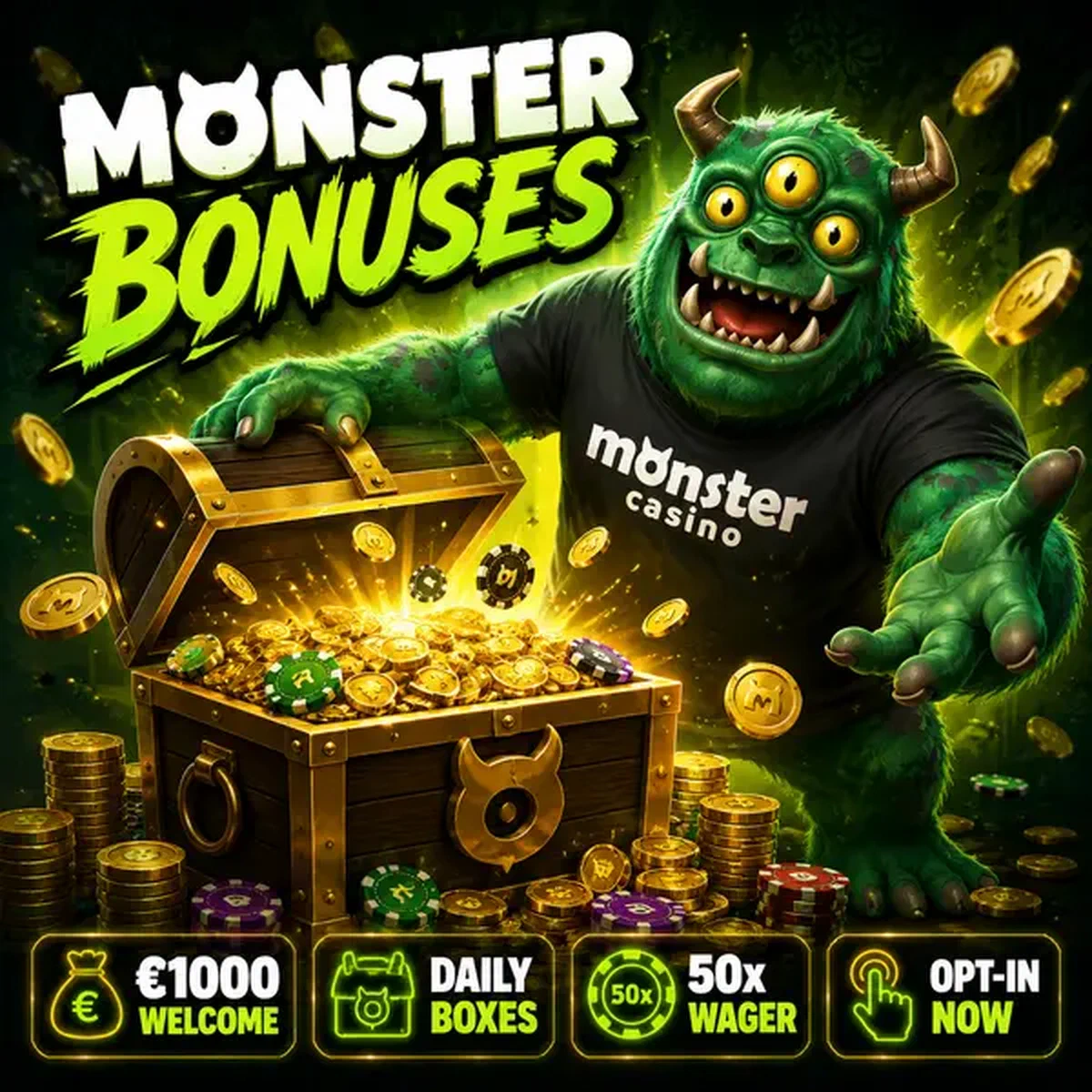 MonsterMo reveals bonus treasures at Monster Casino with glowing coins and rewards