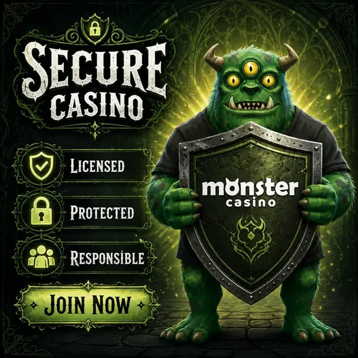 MonsterMo protectively holding licensed security shield at Monster Casino compliance center