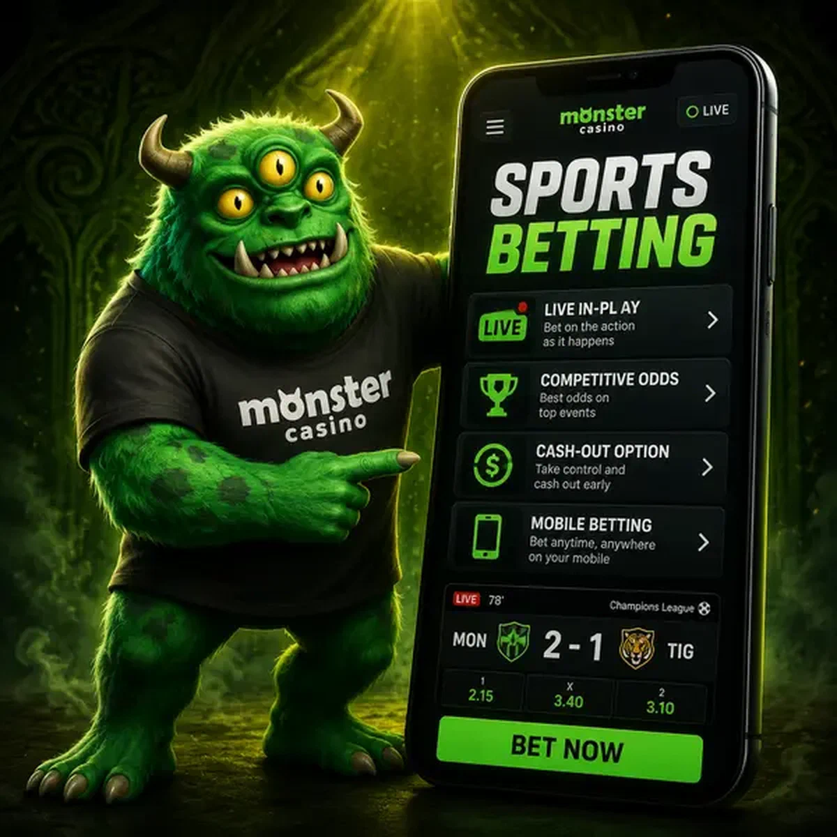MonsterMo energetically points at sports betting odds on smartphone at Monster Casino