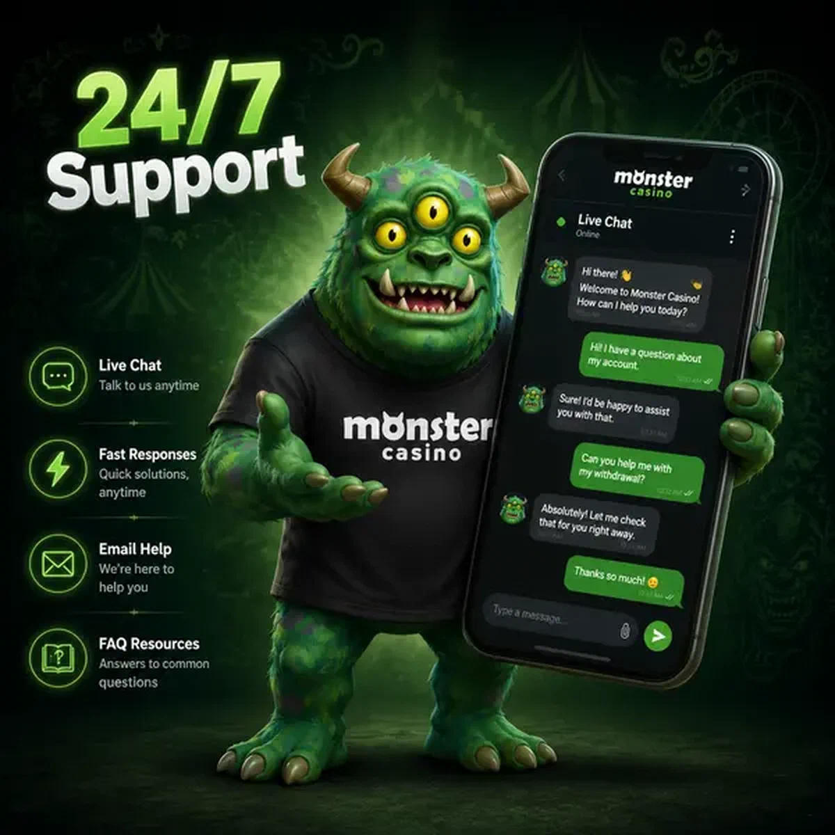 MonsterMo showcasing 24/7 support on smartphone with live chat at Customer Support portal